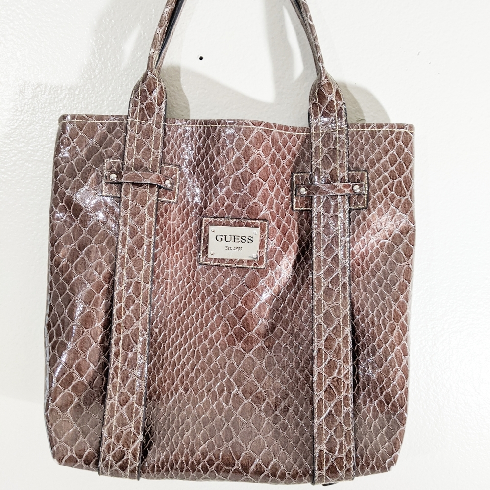 Guess brown crocodile print large tote bag